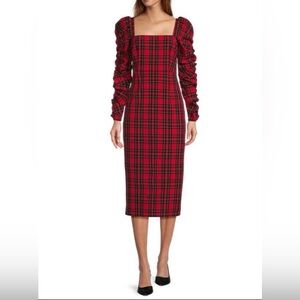 Red Plaid Ruched-Sleeve Midi Dress